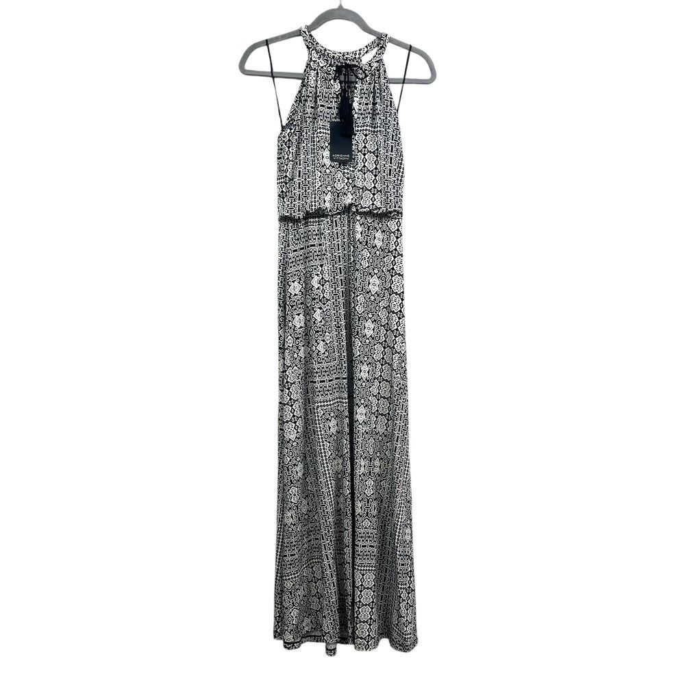 Adrienne Vittadini Women Halter Maxi Dress Black White Geometric Print Sz XS*